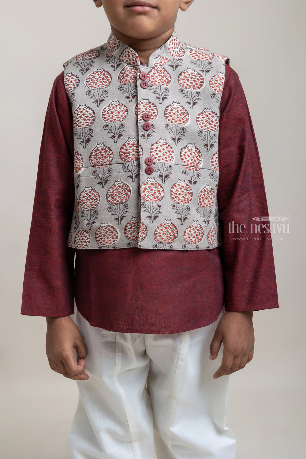 The Nesavu Boys Jacket Sets Stunning Maroon Kurta Set With Floral Designer Overjacket For Boys Nesavu Get Your Hands on the Latest and Best Ethnic Wear for Boys | The Nesavu