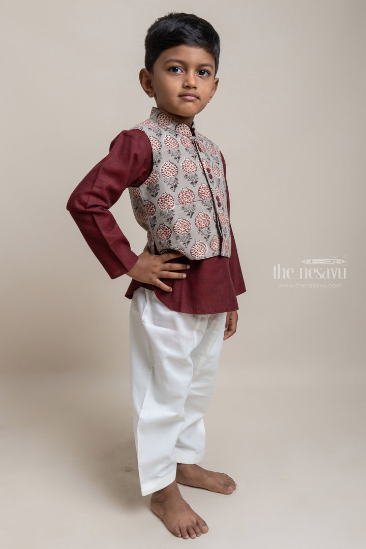 The Nesavu Boys Jacket Sets Stunning Maroon Kurta Set With Floral Designer Overjacket For Boys Nesavu Get Your Hands on the Latest and Best Ethnic Wear for Boys | The Nesavu