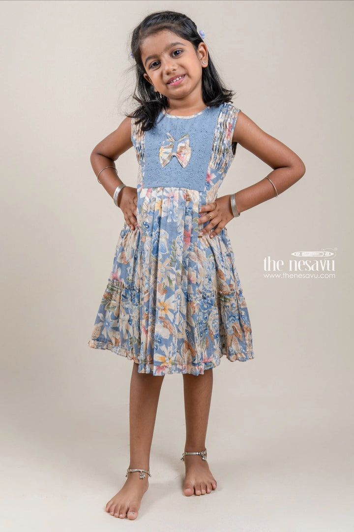 The Nesavu Girls Cotton Frock Stunning Navy Floral Printed Pleated Girls Cotton Frock With Bow Applique Nesavu 22 (4Y) / Blue / Cotton GFC1035A-22 Girls Frock Suit | Trendy Cotton Frock Collection | The Nesavu