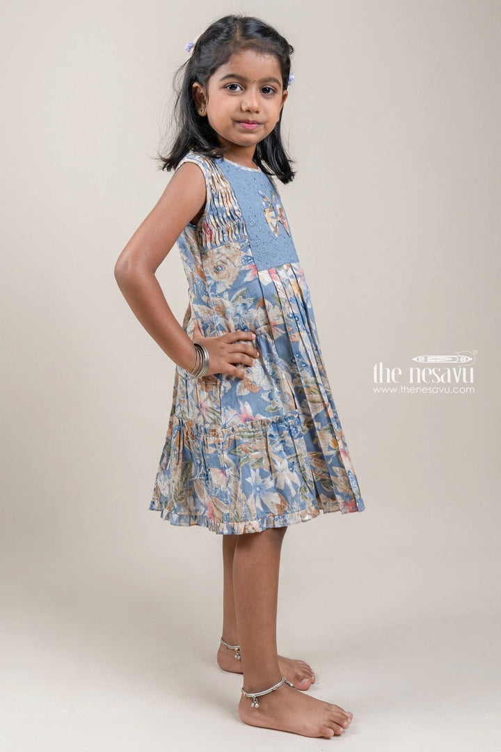 The Nesavu Girls Cotton Frock Stunning Navy Floral Printed Pleated Girls Cotton Frock With Bow Applique Nesavu Girls Frock Suit | Trendy Cotton Frock Collection | The Nesavu