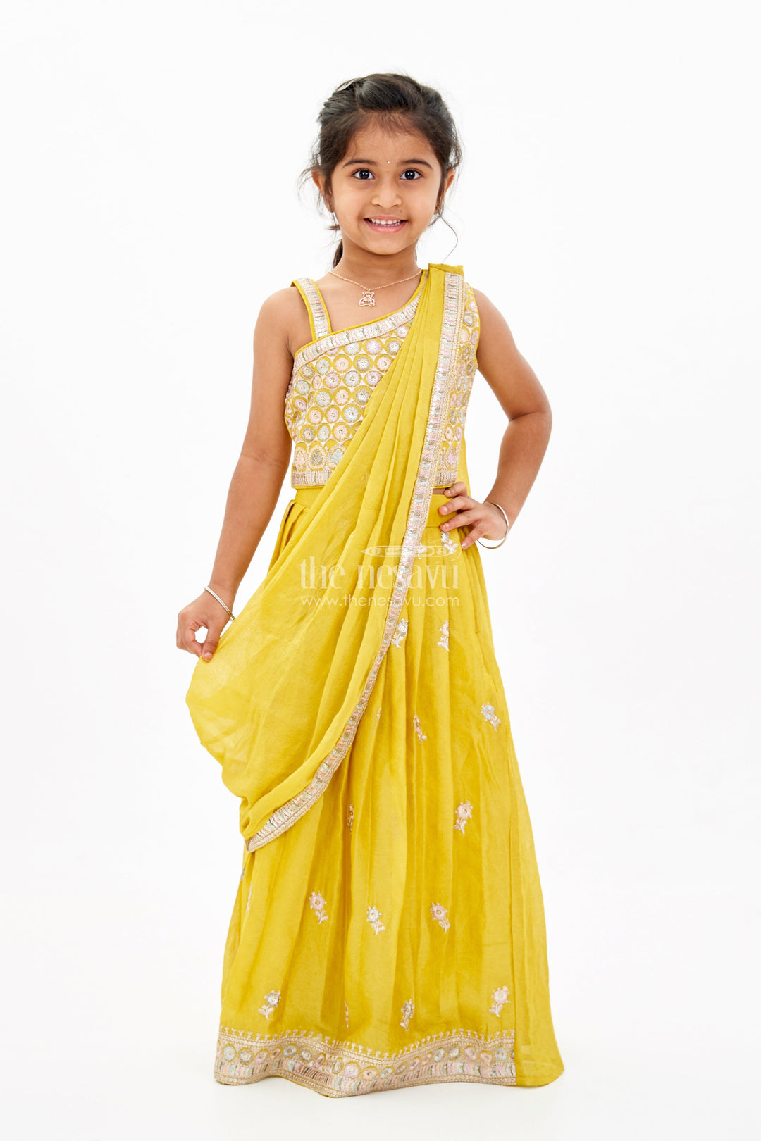 The Nesavu Girls Lehenga Choli Stunning One Shoulder Lehenga Choli for Girls with Embroidered Georgette and Dupatta Nesavu 16 (1Y) / Yellow GL591A-16 Nesavu Stunning One Shoulder Lehenga Choli Girls Embroidered Georgette Dupatta