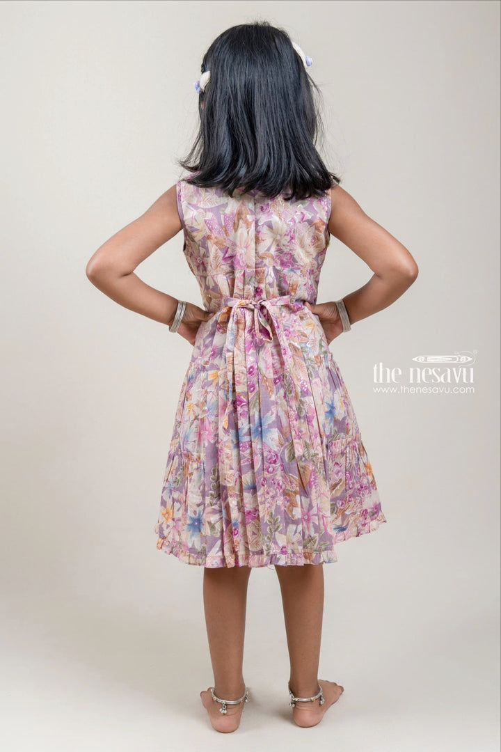 The Nesavu Girls Cotton Frock Stunning Purple Floral Printed Pleated Girls Cotton Frock With Bow Applique Nesavu Girls Frock Suit | Trendy Cotton Frock Collection | The Nesavu