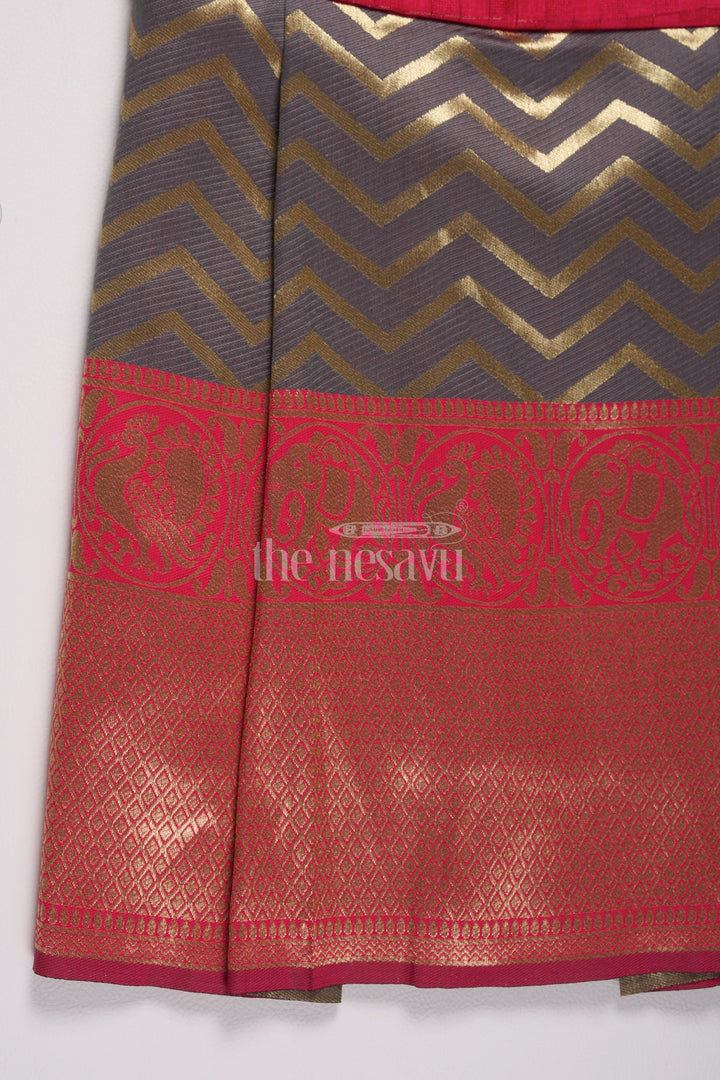The Nesavu Silk Frock Stunning Red and Gold Jacquard Dress Frock for Girls with Chevron Pleats Nesavu Red Gold Chevron Jacquard Dress Frock Girls Nesavu