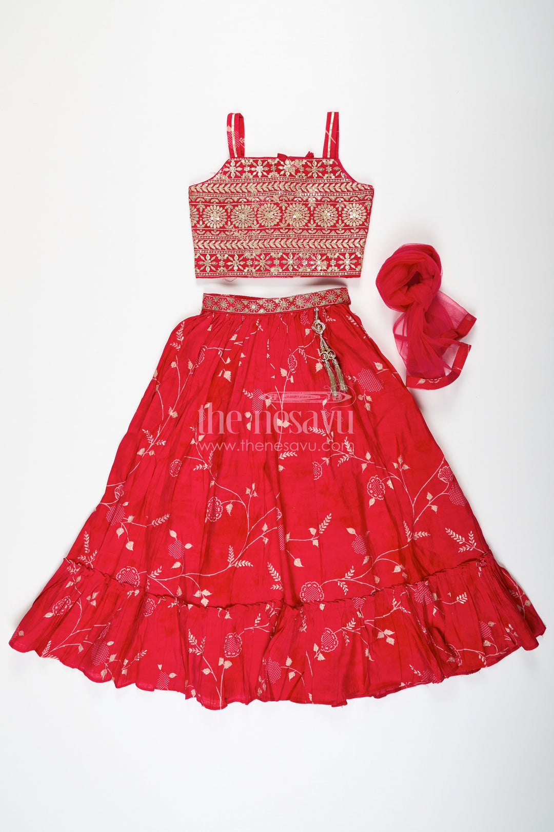 The Nesavu Girls Lehenga Choli Stunning Red Lehenga Choli for Girls with Modal Chanderi Printed Fabric and Embroidered Choli Nesavu Nesavu Stunning Red Lehenga Choli Girls Modal Chanderi Printed Fabric Embroidered Choli