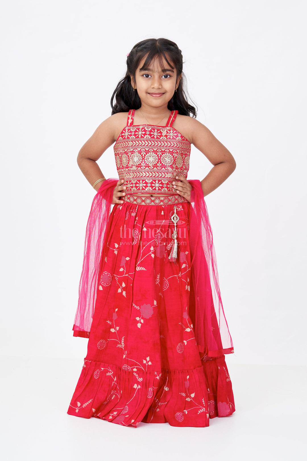 The Nesavu Girls Lehenga Choli Stunning Red Lehenga Choli for Girls with Modal Chanderi Printed Fabric and Embroidered Choli Nesavu Nesavu Stunning Red Lehenga Choli Girls Modal Chanderi Printed Fabric Embroidered Choli