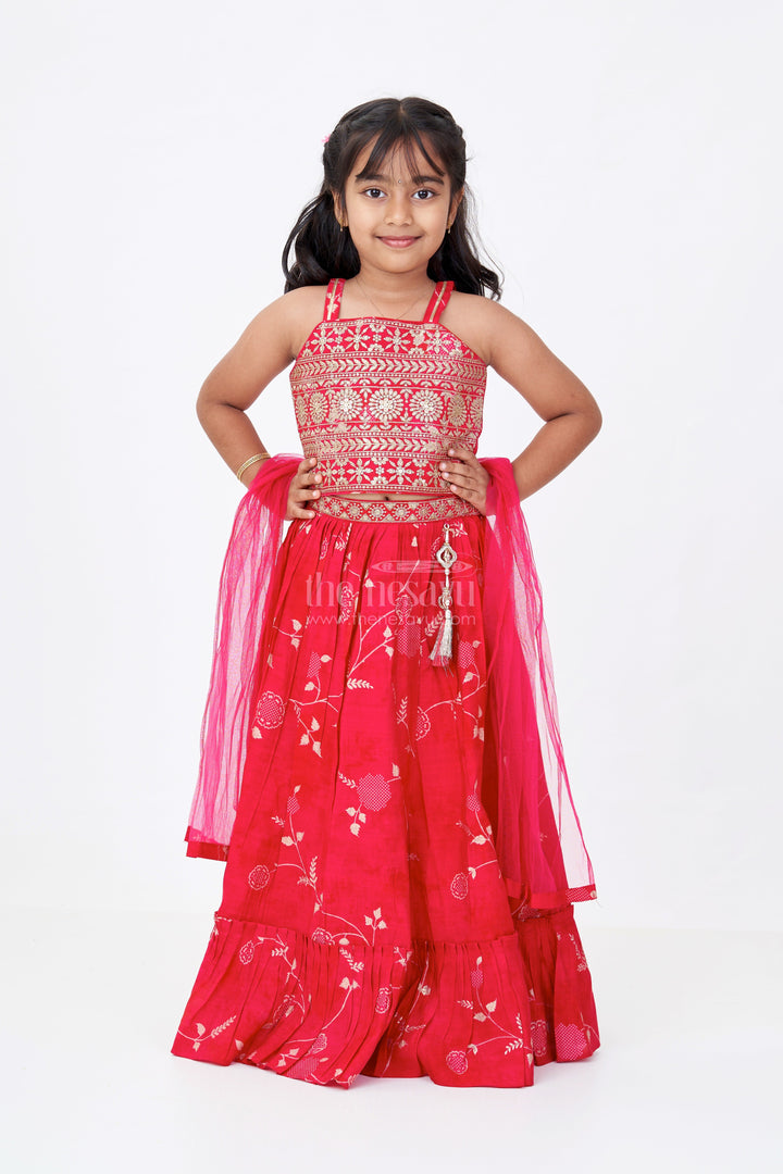 The Nesavu Girls Lehenga Choli Stunning Red Lehenga Choli for Girls with Modal Chanderi Printed Fabric and Embroidered Choli Nesavu Nesavu Stunning Red Lehenga Choli Girls Modal Chanderi Printed Fabric Embroidered Choli