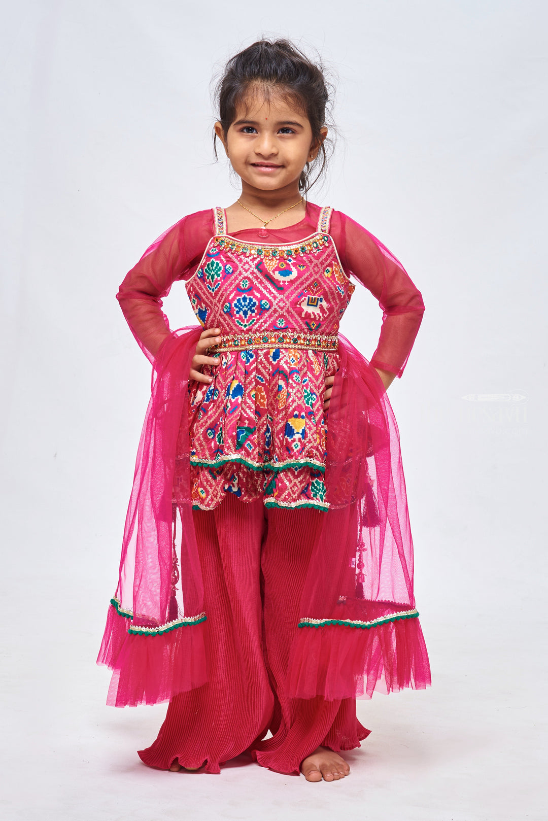 The Nesavu Girls Sharara / Plazo Set Stunning Sequins Embroidered Patola Designer Pink Peplum Kurti with Palazzo: Traditional Grace for Girls. Nesavu 22 (4Y) / Pink GPS159A-22 Patola Designer Pink Kurti with Palazzo set | Girls Festive Collecetions | The Nesavu