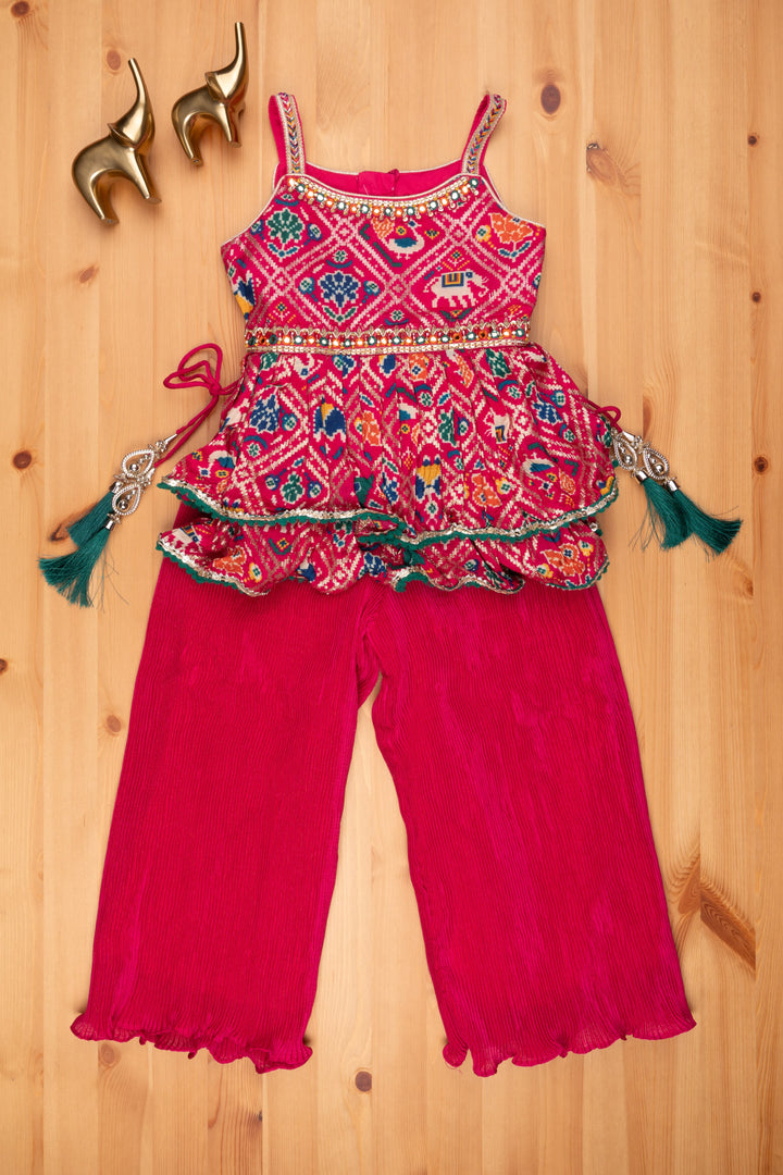 The Nesavu Sets & Suits Stunning Sequins Embroidered Patola Designer Pink Peplum Kurti with Palazzo: Traditional Grace for Girls. Nesavu Patola Designer Pink Kurti with Palazzo set | Girls Festive Collecetions | The Nesavu