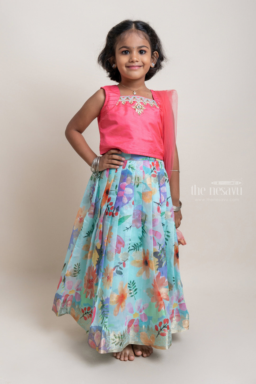 The Nesavu Lehenga & Ghagra Stunning Sleeveless Choli With Chnaderi Floral Printed Lehanga Set For Girls Nesavu 16 (1Y) / Blue / Chanderi GL321-16 lovely Dresses For Girls | Modern dresses For girls | The Nesavu