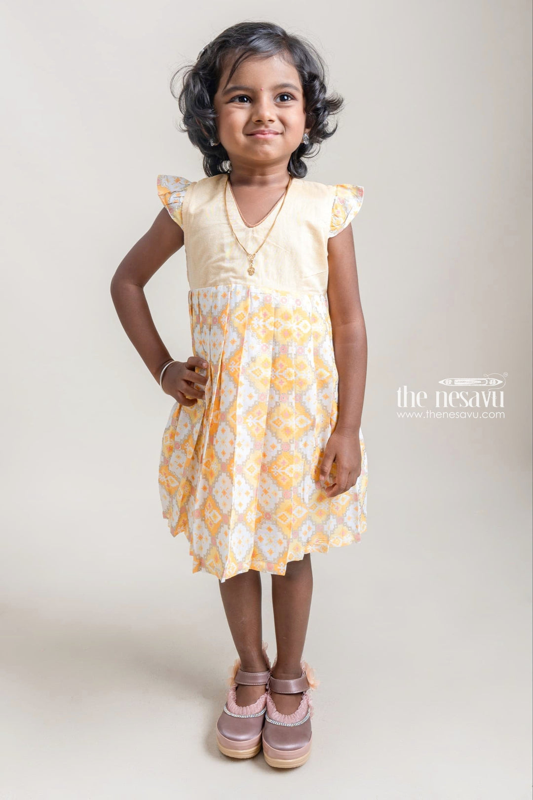 The Nesavu Girls Cotton Frock Stunning Yellow Geometrical Printed Casual Cotton Frock For Girls Nesavu 16 (1Y) / Yellow / Chanderi GFC747A-16 Stunning Yelllow Cotton Frocks For Girls | Girls Premium Collection | The Nesavu