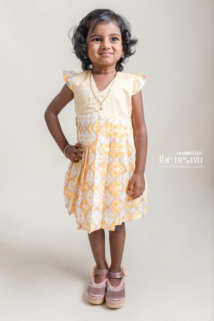 The Nesavu Girls Cotton Frock Stunning Yellow Geometrical Printed Casual Cotton Frock For Girls Nesavu 16 (1Y) / Yellow / Chanderi GFC747A-16 Stunning Yelllow Cotton Frocks For Girls | Girls Premium Collection | The Nesavu