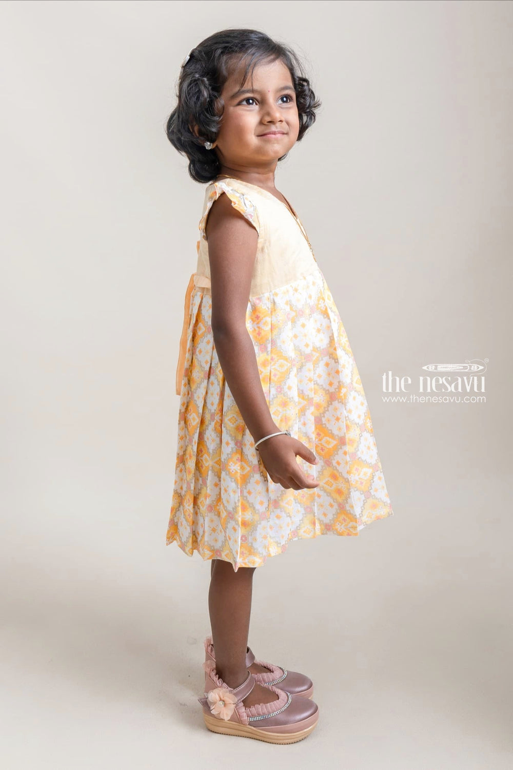 The Nesavu Girls Cotton Frock Stunning Yellow Geometrical Printed Casual Cotton Frock For Girls Nesavu Stunning Yelllow Cotton Frocks For Girls | Girls Premium Collection | The Nesavu