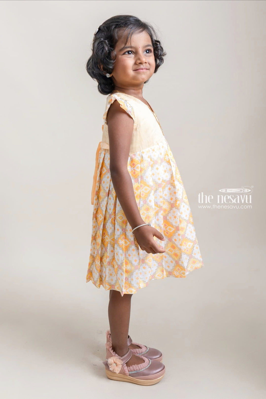 The Nesavu Girls Cotton Frock Stunning Yellow Geometrical Printed Casual Cotton Frock For Girls Nesavu Stunning Yelllow Cotton Frocks For Girls | Girls Premium Collection | The Nesavu