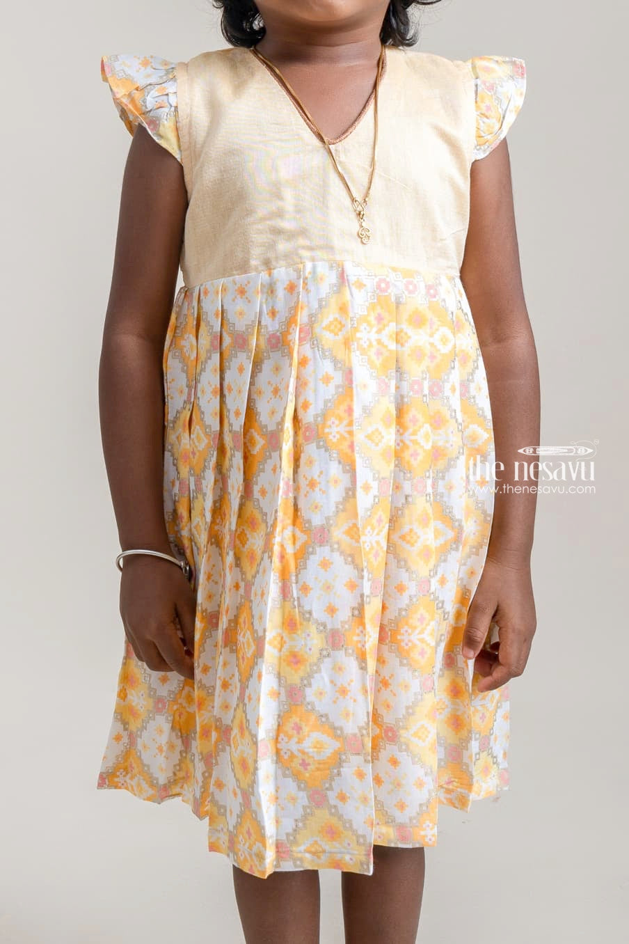 The Nesavu Girls Cotton Frock Stunning Yellow Geometrical Printed Casual Cotton Frock For Girls Nesavu Stunning Yelllow Cotton Frocks For Girls | Girls Premium Collection | The Nesavu