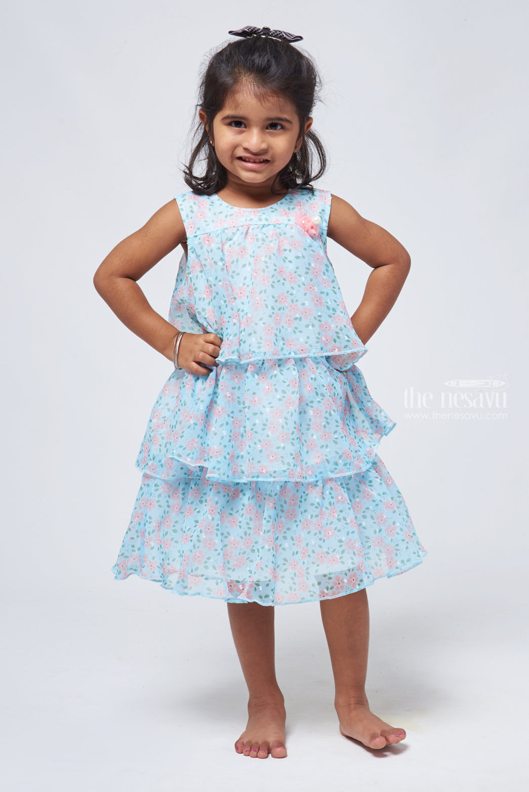 The Nesavu Baby Frock / Jhabla Stylish Blue Floral Triple Layered Infant Dress Nesavu 18 (2Y) / Blue BFJ432B-18 Casual baby dresses | Floral printed blue baby frock | The Nesavu