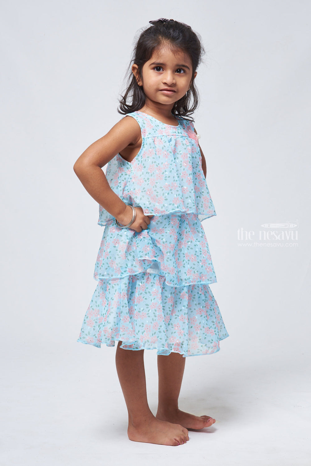 The Nesavu Baby Frock / Jhabla Stylish Blue Floral Triple Layered Infant Dress Nesavu Casual baby dresses | Floral printed blue baby frock | The Nesavu