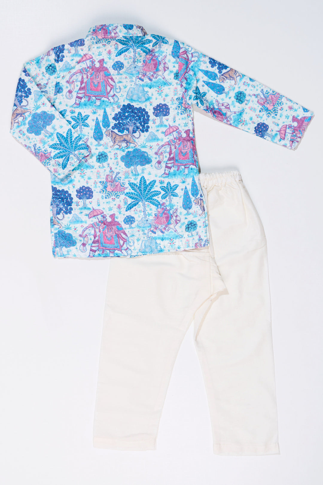 The Nesavu Boys Kurtha Set Stylish Boys Blue Printed Kurta Set with Story Digital Print and Embroidered Detailing Nesavu Nesavu Boys Blue Printed Kurta Set Digital Print Embroidery Festive Wear