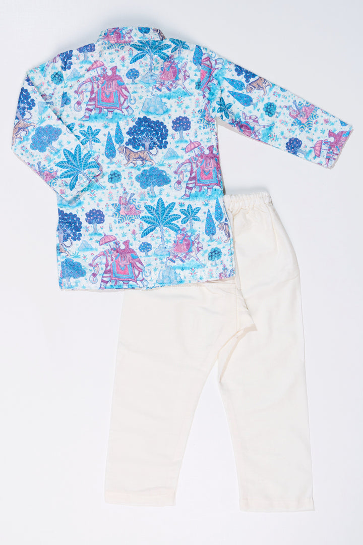 The Nesavu Boys Kurtha Set Stylish Boys Blue Printed Kurta Set with Story Digital Print and Embroidered Detailing Nesavu Nesavu Boys Blue Printed Kurta Set Digital Print Embroidery Festive Wear