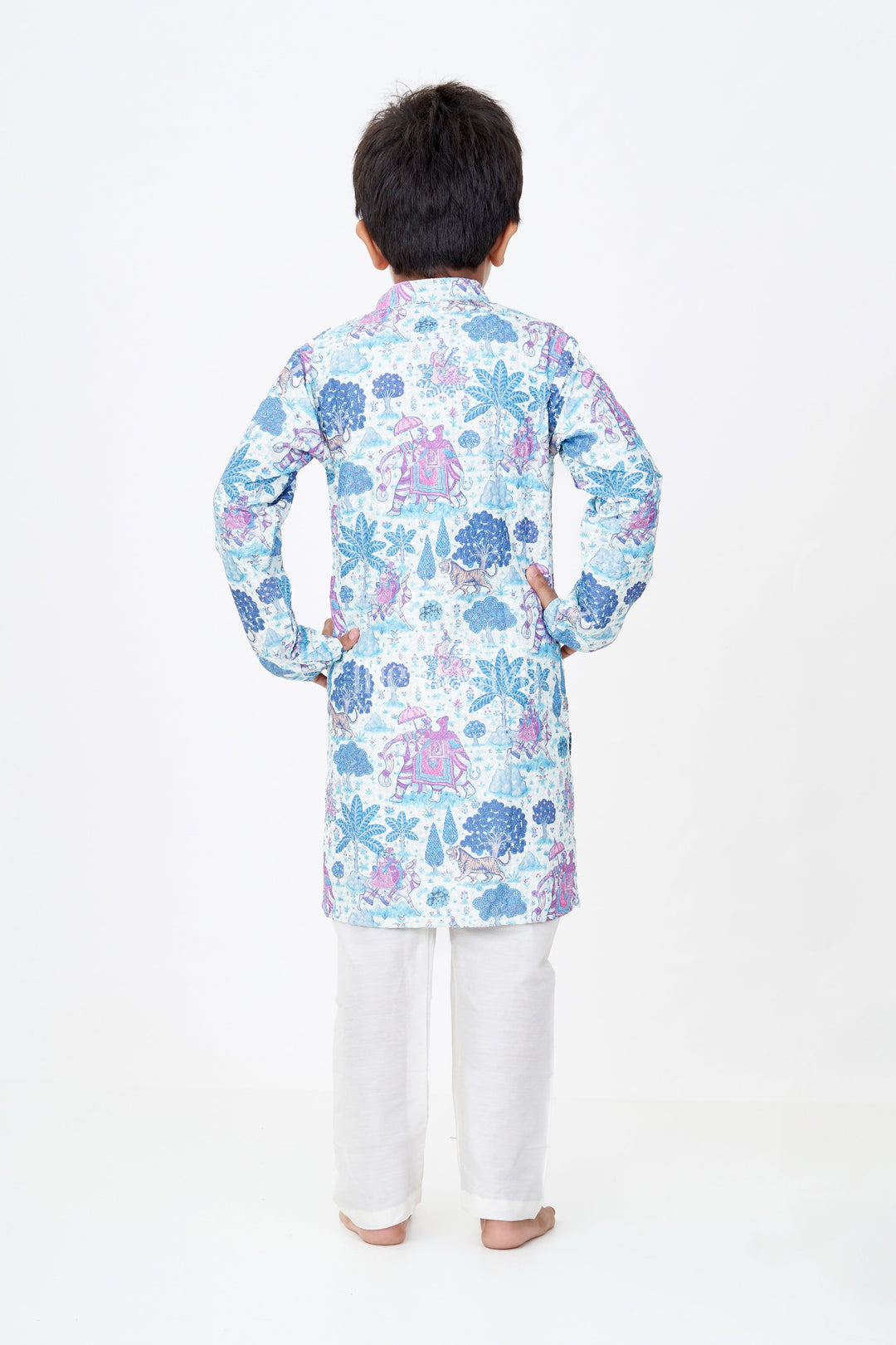 The Nesavu Boys Kurtha Set Stylish Boys Blue Printed Kurta Set with Story Digital Print and Embroidered Detailing Nesavu Nesavu Boys Blue Printed Kurta Set Digital Print Embroidery Festive Wear