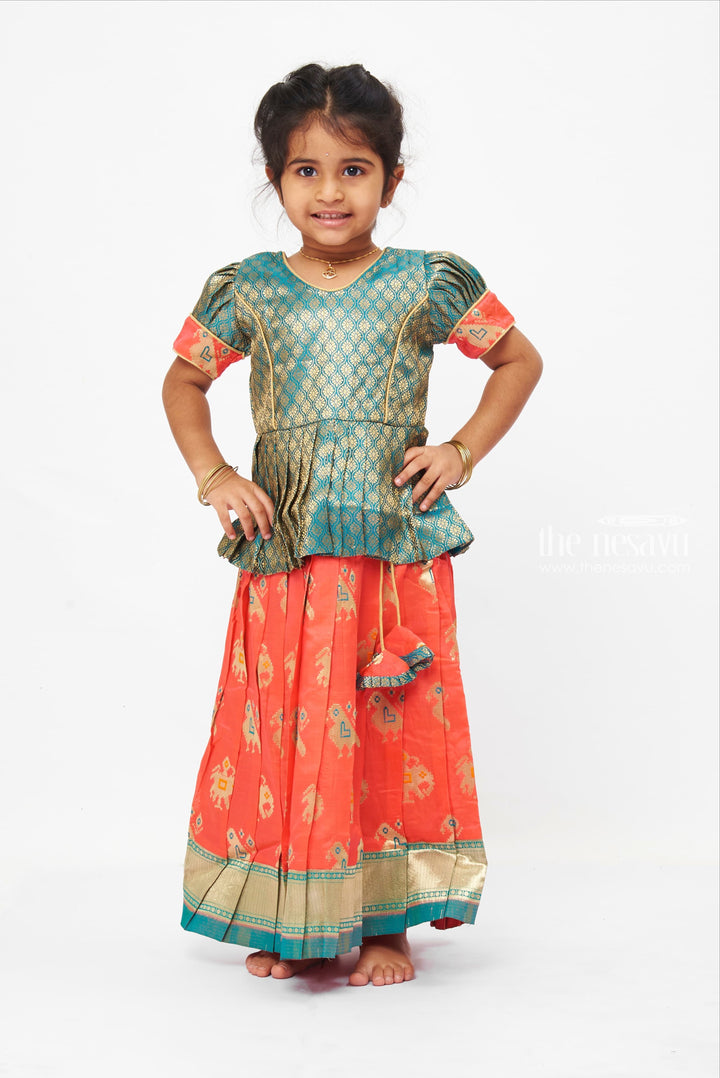 The Nesavu Pattu Pavadai Stylish Brocade Green Peplum Blouse with Zari Animal Motif Kanchi Border Pattu Langa Nesavu 14 (6M) / Pink / Small Border GPP295B-14 Animal Motif Pattu Langa | Pattu Pavadai Blouse Designs | The Nesavu