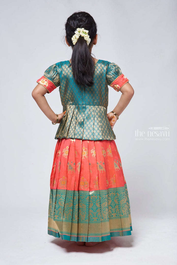 The Nesavu Pattu Pavadai Stylish Brocade Green Peplum Blouse with Zari Animal Motif Kanchi Border Pattu Langa: South Indian Elegan Nesavu Animal Motif Pattu Langa | Pattu Pavadai Blouse Designs | The Nesavu