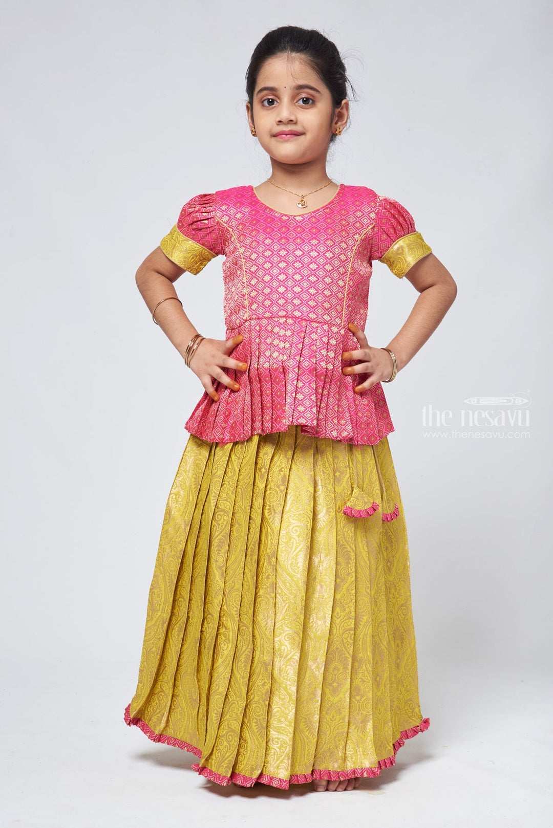The Nesavu Pattu Pavadai Stylish Brocade Pink Peplum Blouse and Banarasi Green Pattu Pavadai: Perfect for Celebrations Nesavu 14 (6M) / Green GPP302A-14 Pattu Pavadai Latest Design | Pattu Pavadai for baby girl online | The Nesavu