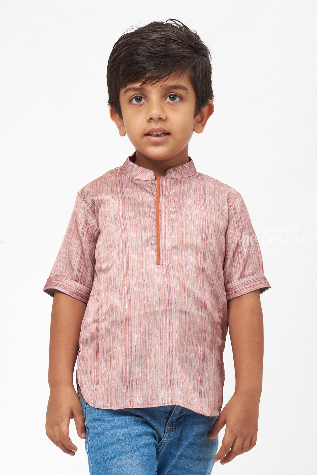 The Nesavu Boys Kurtha Shirt Stylish Brown Boys Kurta Shirt with Dobby Striped Pattern Nesavu 14 (6M) / Brown / Modal BS093A-14 Boys Ethnic Kurta | Designer Boys Ethnic Outfit | The Nesavu