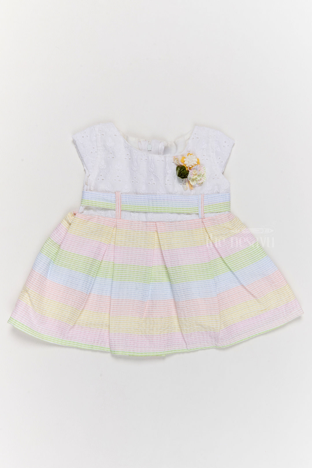 The Nesavu Girls Cotton Frock Stylish Cotton Frock for Girls with Pastel Stripes and Floral Details Nesavu 14 (6M) / Multicolor GFC1543B-14 Nesavu Cotton Frock Girls Pastel Stripes Floral Waist Detailing