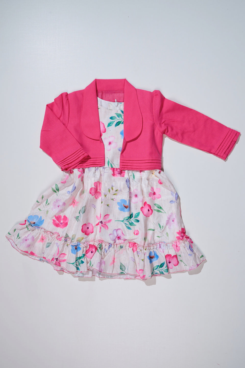 The Nesavu Girls Fancy Frock Stylish Frock with Overcoat for Girls in Flax Cotton with Digital Floral Print Nesavu 20 (3Y) / Pink GFC1623A-20 Nesavu Stylish Frock Overcoat Girls Flax Cotton Digital Floral Print