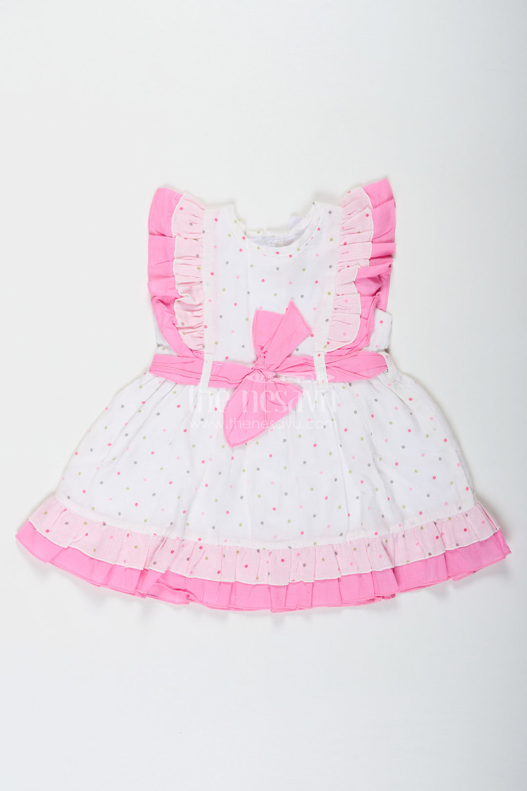 The Nesavu Baby Cotton Frocks Stylish Frocks for Baby Girls in White Cotton Blend with Pink Ruffles and Color Dot Accents Nesavu 12 (3M) / Pink BFJ775B-12 Nesavu Stylish Baby Girls Frock White Cotton Blend Pink Ruffles Colorful Dot Prints