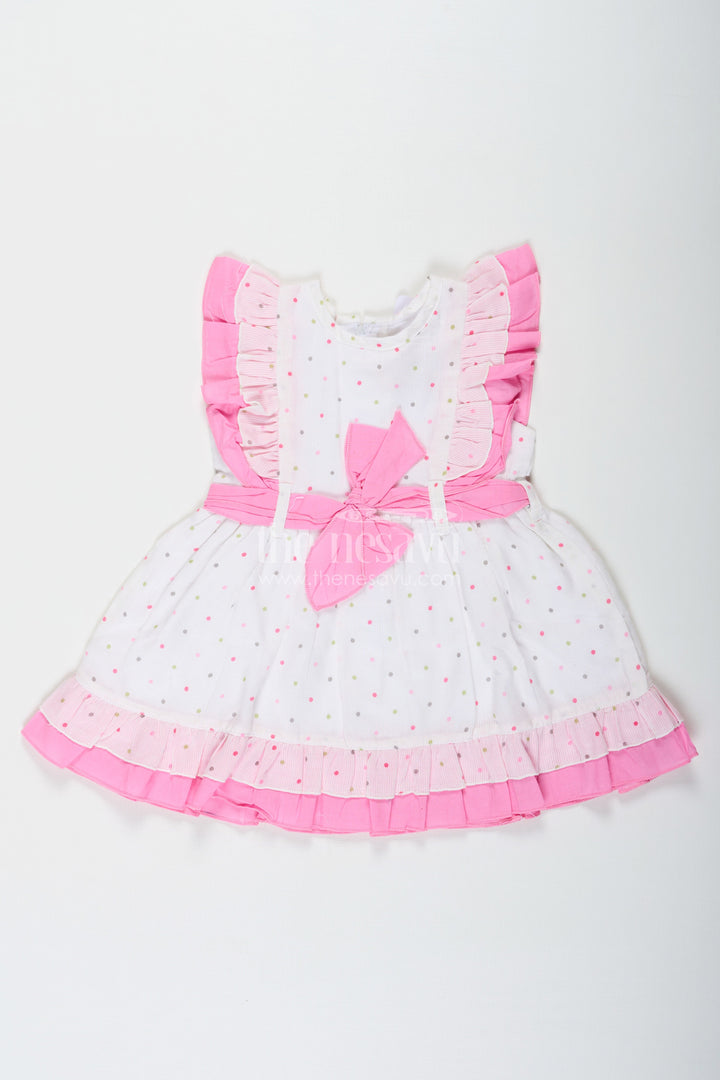 The Nesavu Baby Cotton Frocks Stylish Frocks for Baby Girls in White Cotton Blend with Pink Ruffles and Color Dot Accents Nesavu 12 (3M) / Pink BFJ775B-12 Nesavu Stylish Baby Girls Frock White Cotton Blend Pink Ruffles Colorful Dot Prints