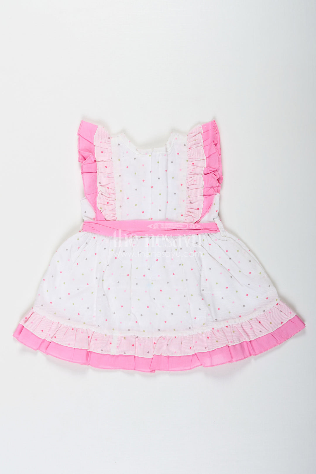 The Nesavu Baby Cotton Frocks Stylish Frocks for Baby Girls in White Cotton Blend with Pink Ruffles and Color Dot Accents Nesavu Nesavu Stylish Baby Girls Frock White Cotton Blend Pink Ruffles Colorful Dot Prints