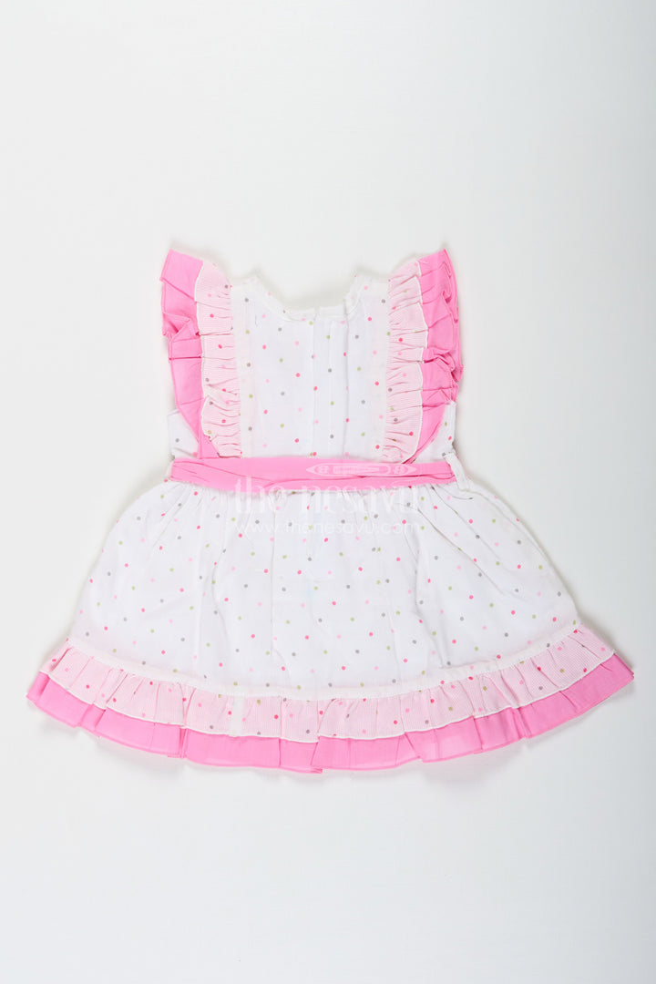 The Nesavu Baby Cotton Frocks Stylish Frocks for Baby Girls in White Cotton Blend with Pink Ruffles and Color Dot Accents Nesavu Nesavu Stylish Baby Girls Frock White Cotton Blend Pink Ruffles Colorful Dot Prints