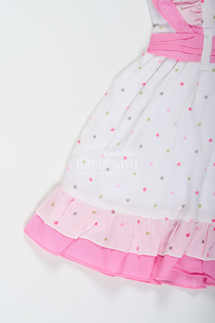 The Nesavu Baby Cotton Frocks Stylish Frocks for Baby Girls in White Cotton Blend with Pink Ruffles and Color Dot Accents Nesavu Nesavu Stylish Baby Girls Frock White Cotton Blend Pink Ruffles Colorful Dot Prints