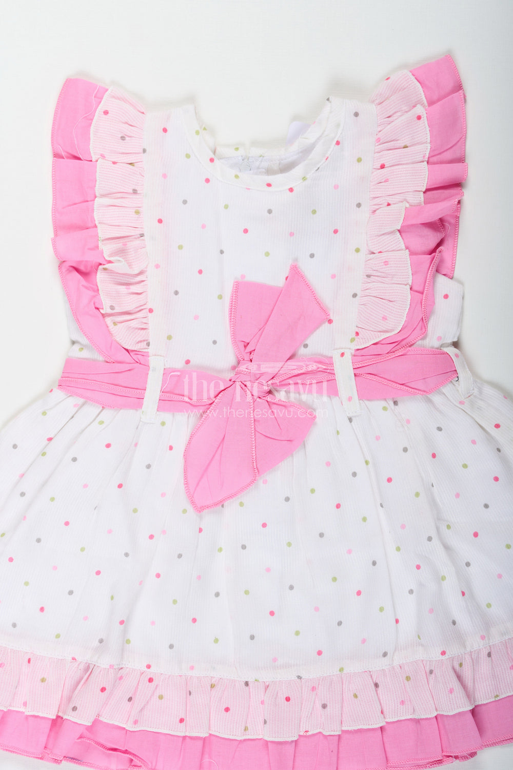 The Nesavu Baby Cotton Frocks Stylish Frocks for Baby Girls in White Cotton Blend with Pink Ruffles and Color Dot Accents Nesavu Nesavu Stylish Baby Girls Frock White Cotton Blend Pink Ruffles Colorful Dot Prints