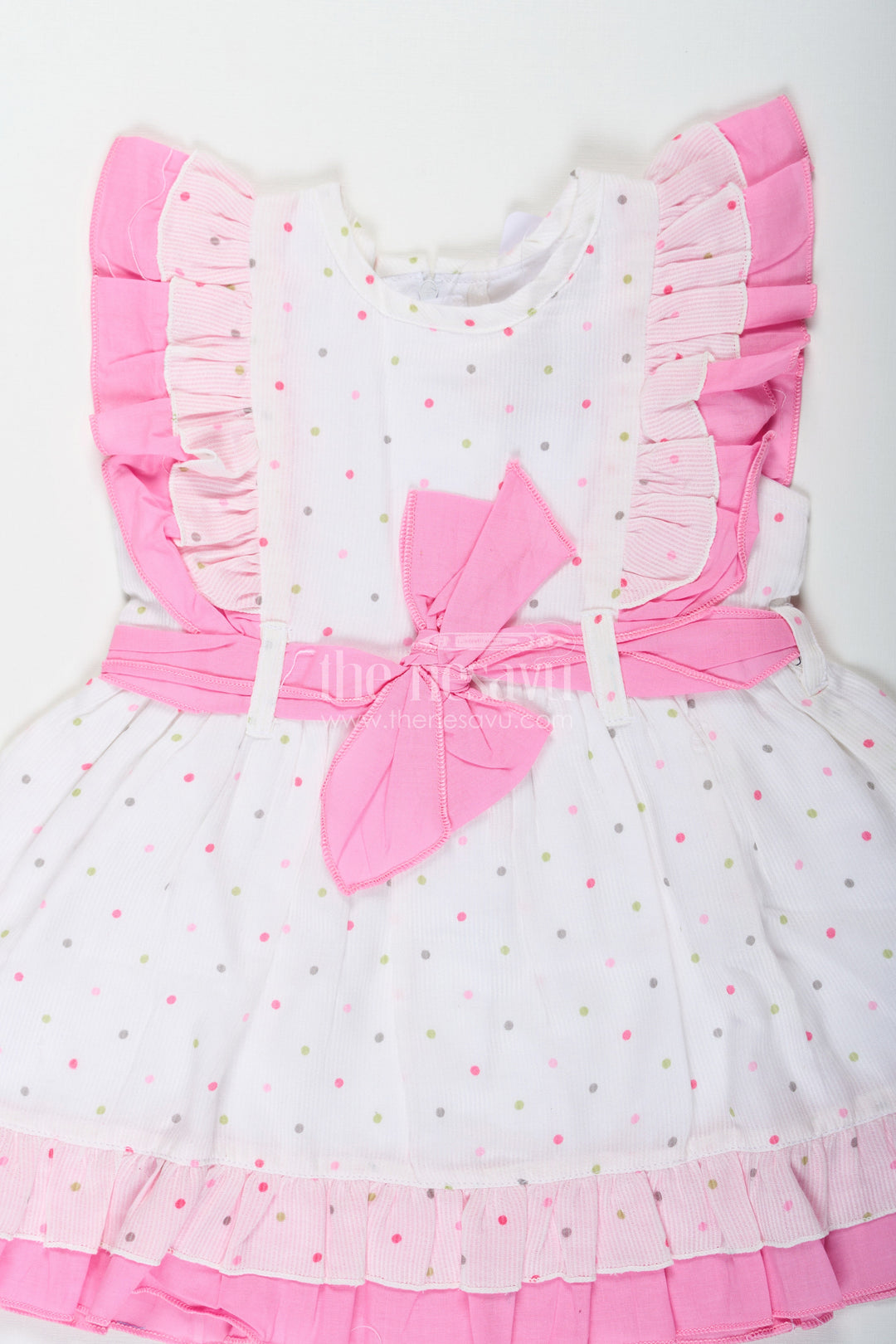 The Nesavu Baby Cotton Frocks Stylish Frocks for Baby Girls in White Cotton Blend with Pink Ruffles and Color Dot Accents Nesavu Nesavu Stylish Baby Girls Frock White Cotton Blend Pink Ruffles Colorful Dot Prints