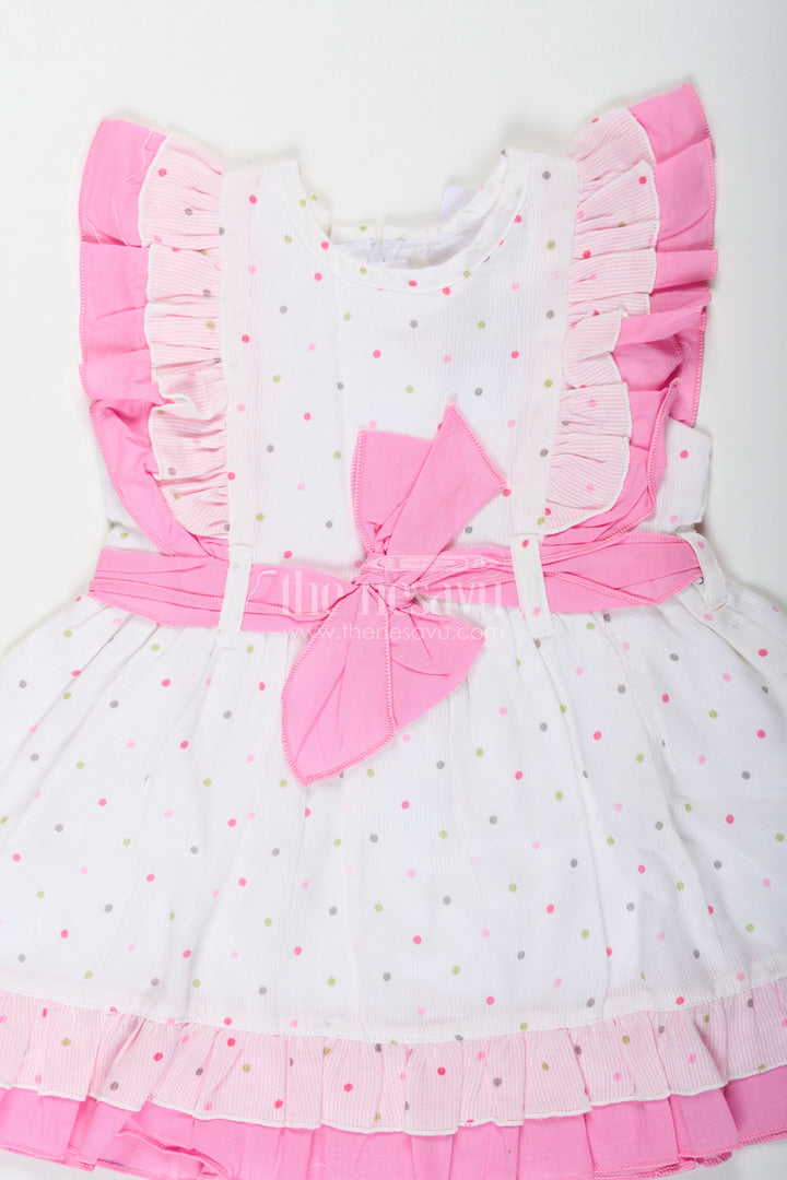 The Nesavu Baby Cotton Frocks Stylish Frocks for Baby Girls in White Cotton Blend with Pink Ruffles and Color Dot Accents Nesavu Nesavu Stylish Baby Girls Frock White Cotton Blend Pink Ruffles Colorful Dot Prints