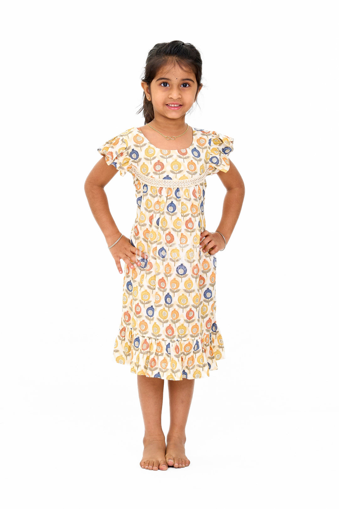 The Nesavu Girls Cotton Frock Stylish Girls Cotton Daily Wear Dress with Vibrant Floral Pattern and Ruffle Details Nesavu 16 (1Y) / Yellow GFC1551A-16 Nesavu Girls Cotton Daily Wear Dress Cheerful Floral Print Ruffles Lace Yoke