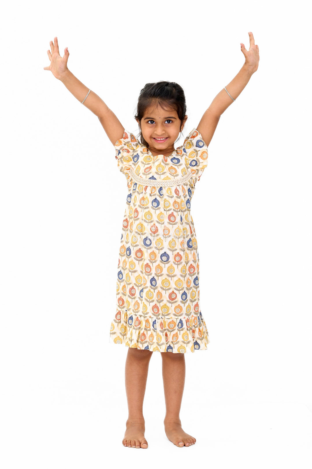 The Nesavu Girls Cotton Frock Stylish Girls Cotton Daily Wear Dress with Vibrant Floral Pattern and Ruffle Details Nesavu Nesavu Girls Cotton Daily Wear Dress Cheerful Floral Print Ruffles Lace Yoke