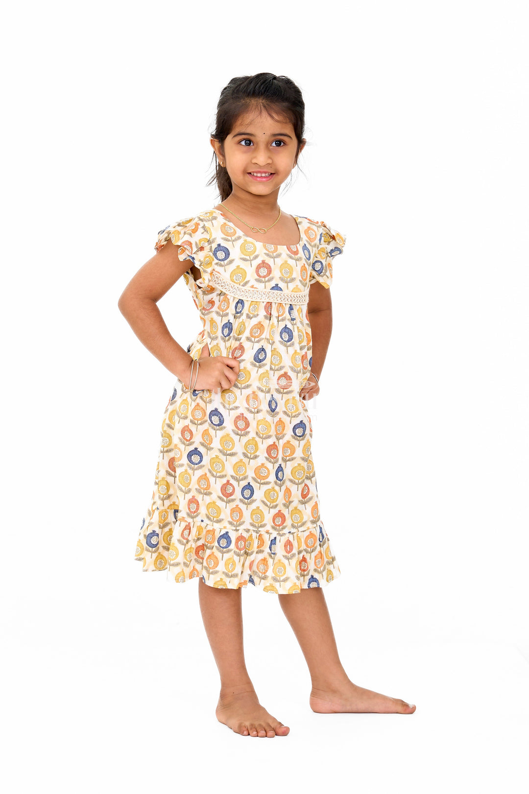 The Nesavu Girls Cotton Frock Stylish Girls Cotton Daily Wear Dress with Vibrant Floral Pattern and Ruffle Details Nesavu Nesavu Girls Cotton Daily Wear Dress Cheerful Floral Print Ruffles Lace Yoke