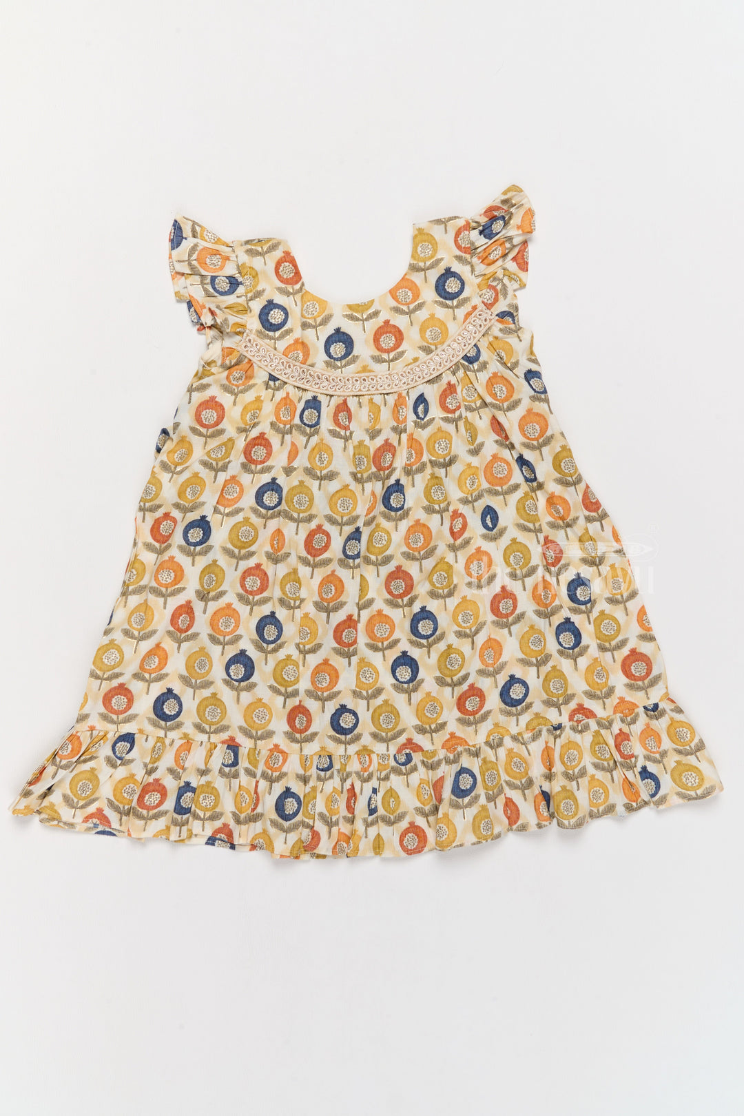 The Nesavu Girls Cotton Frock Stylish Girls Cotton Daily Wear Dress with Vibrant Floral Pattern and Ruffle Details Nesavu Nesavu Girls Cotton Daily Wear Dress Cheerful Floral Print Ruffles Lace Yoke
