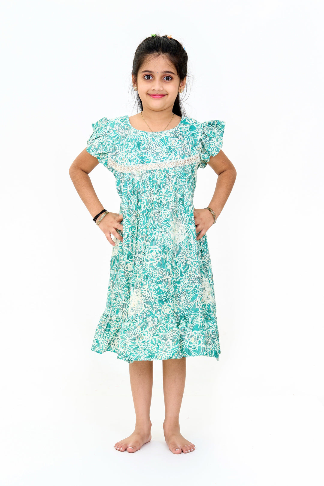 The Nesavu Girls Cotton Frock Stylish Girls Cotton One Piece Dress with Floral Print and Ruffle Hemline Nesavu 16 (1Y) / Green GFC1548A-16 Nesavu Girls Cotton One Piece Dress Floral Print Ruffles Lace Detailing Summer Style