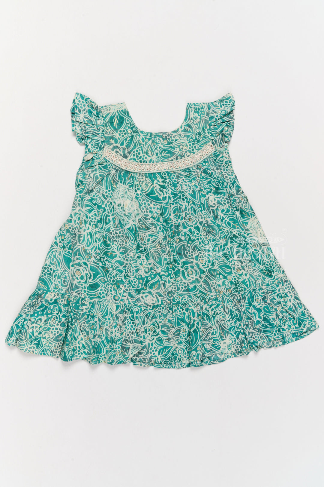 The Nesavu Girls Cotton Frock Stylish Girls Cotton One Piece Dress with Floral Print and Ruffle Hemline Nesavu Nesavu Girls Cotton One Piece Dress Floral Print Ruffles Lace Detailing Summer Style