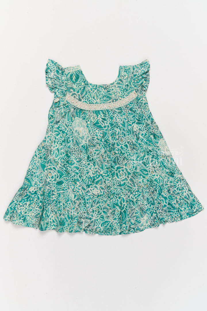 The Nesavu Girls Cotton Frock Stylish Girls Cotton One Piece Dress with Floral Print and Ruffle Hemline Nesavu Nesavu Girls Cotton One Piece Dress Floral Print Ruffles Lace Detailing Summer Style