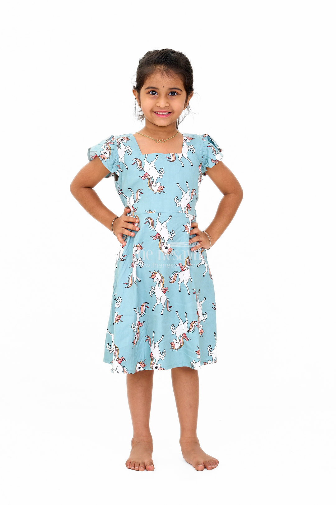 The Nesavu Girls Cotton Frock Stylish Girls Cotton Straight Dress with Unicorn Print and Ruffled Sleeves Nesavu 16 (1Y) / Teal GFC1557A-16 Nesavu Girls Cotton Straight Dress Unicorn Print Ruffled Sleeves Teal Finish