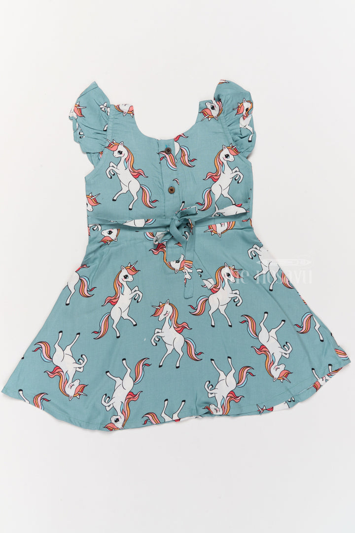 The Nesavu Girls Cotton Frock Stylish Girls Cotton Straight Dress with Unicorn Print and Ruffled Sleeves Nesavu Nesavu Girls Cotton Straight Dress Unicorn Print Ruffled Sleeves Teal Finish