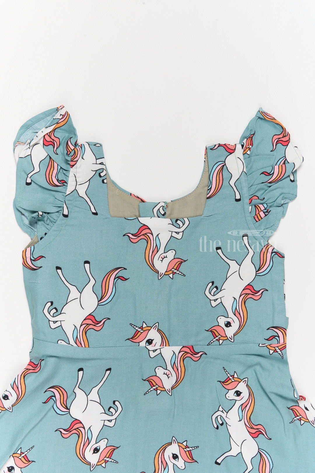 The Nesavu Girls Cotton Frock Stylish Girls Cotton Straight Dress with Unicorn Print and Ruffled Sleeves Nesavu Nesavu Girls Cotton Straight Dress Unicorn Print Ruffled Sleeves Teal Finish