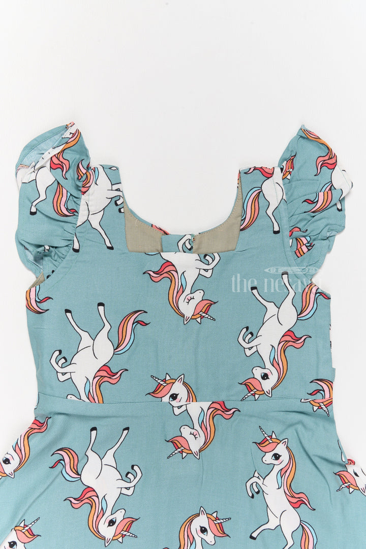 The Nesavu Girls Cotton Frock Stylish Girls Cotton Straight Dress with Unicorn Print and Ruffled Sleeves Nesavu Nesavu Girls Cotton Straight Dress Unicorn Print Ruffled Sleeves Teal Finish
