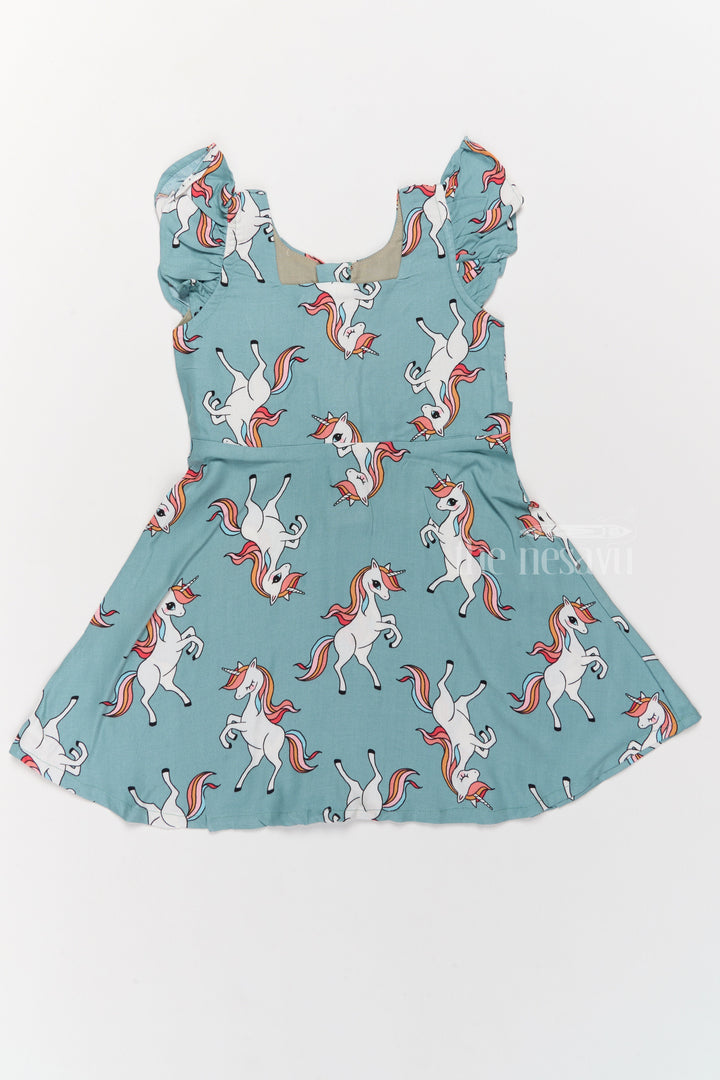 The Nesavu Girls Cotton Frock Stylish Girls Cotton Straight Dress with Unicorn Print and Ruffled Sleeves Nesavu Nesavu Girls Cotton Straight Dress Unicorn Print Ruffled Sleeves Teal Finish