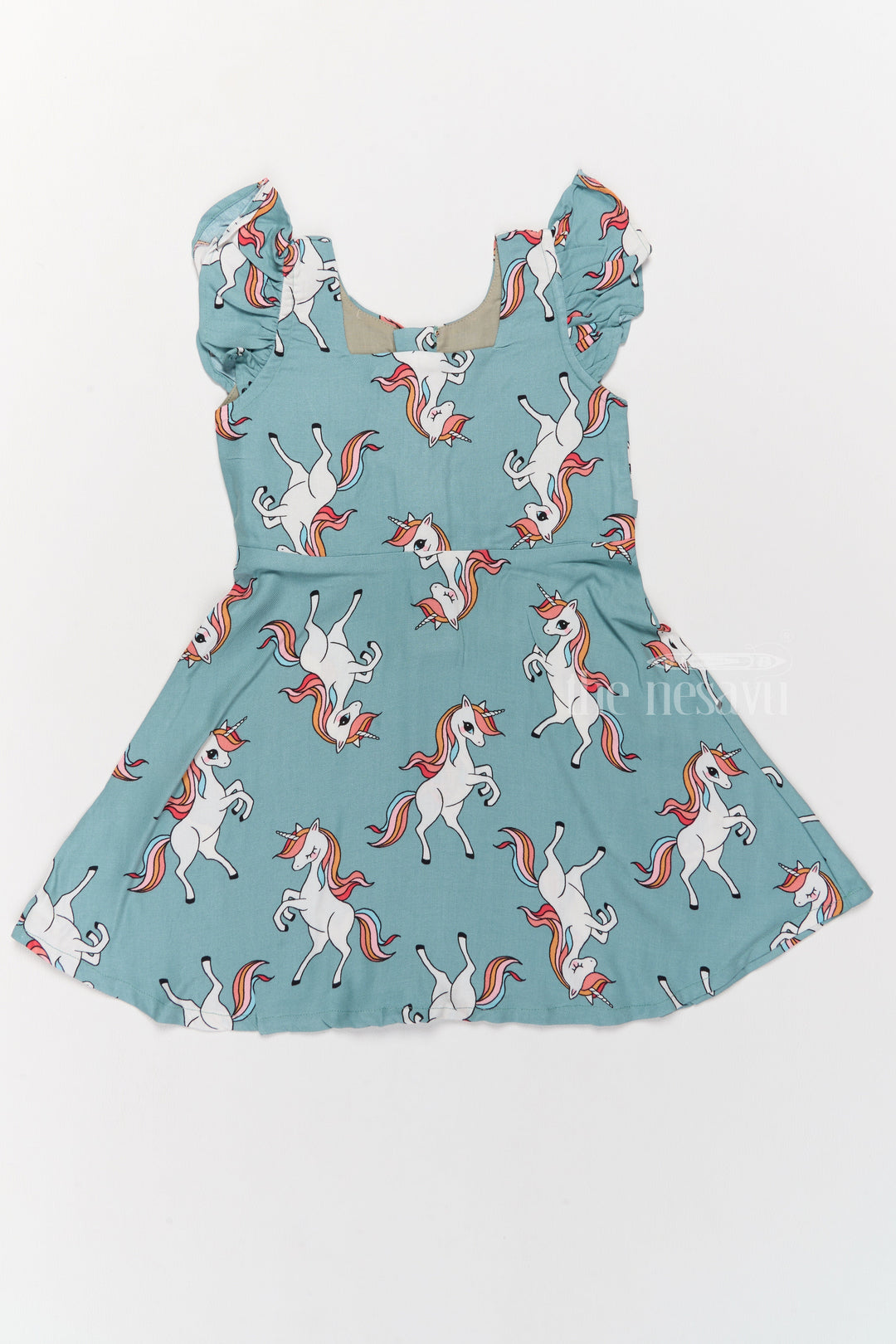 The Nesavu Girls Cotton Frock Stylish Girls Cotton Straight Dress with Unicorn Print and Ruffled Sleeves Nesavu Nesavu Girls Cotton Straight Dress Unicorn Print Ruffled Sleeves Teal Finish
